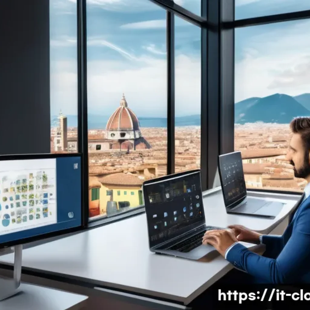 클라우드 컴퓨팅 트렌드와 시장 전망 - A modern Italian office environment showcasing diverse professionals collaborating remotely using cl...