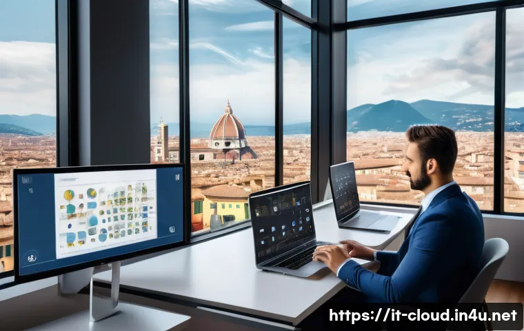 클라우드 컴퓨팅 트렌드와 시장 전망 - A modern Italian office environment showcasing diverse professionals collaborating remotely using cl...