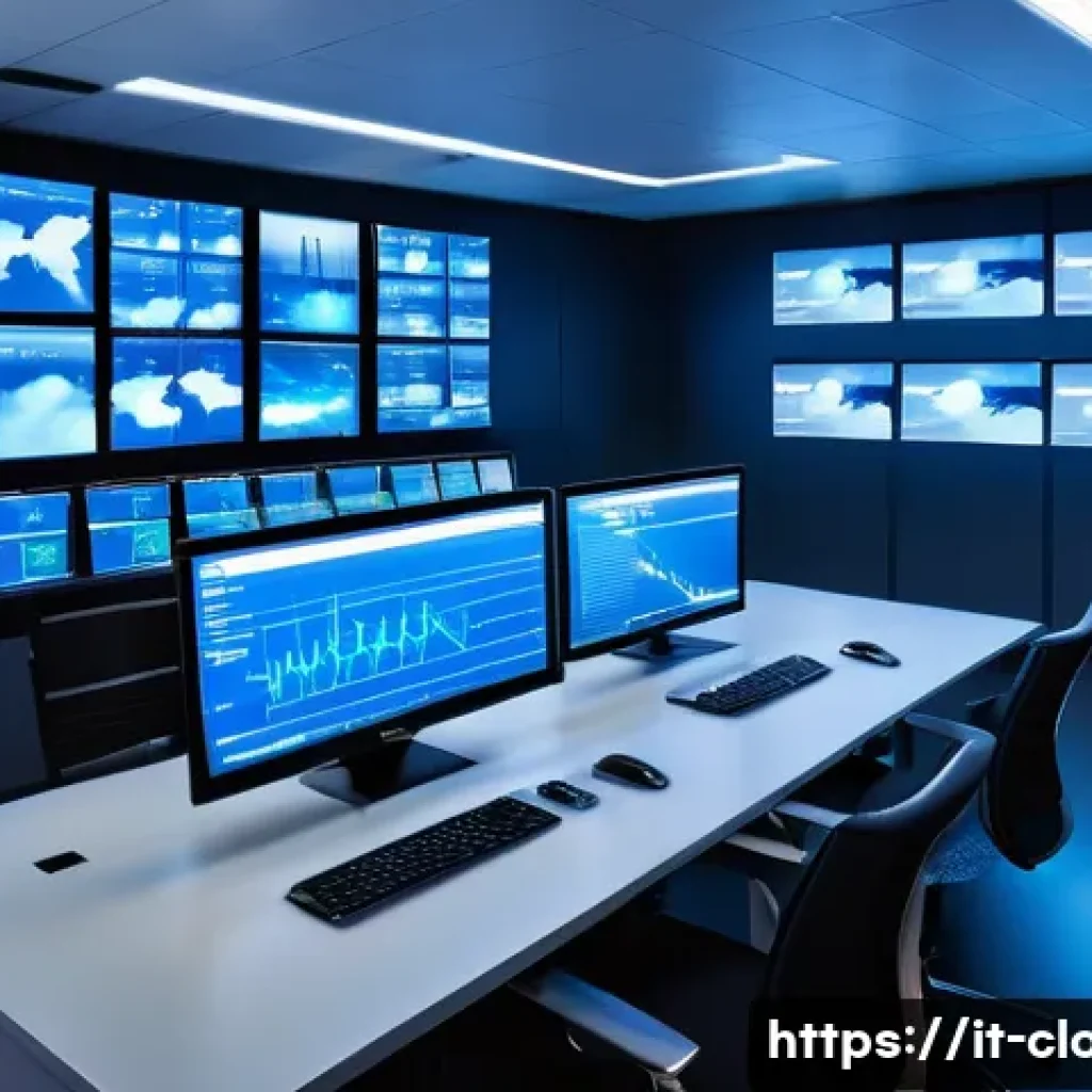 클라우드 컴퓨팅 실무에서의 문제 해결 사례 - A modern cloud computing control room with multiple large digital screens displaying real-time resou...