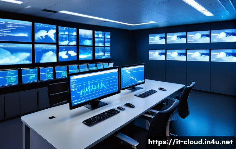 클라우드 컴퓨팅 실무에서의 문제 해결 사례 - A modern cloud computing control room with multiple large digital screens displaying real-time resou...