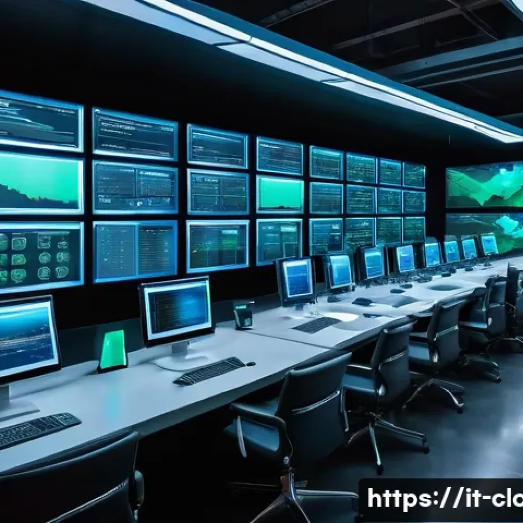클라우드 환경에서의 로그 관리와 모니터링 - A futuristic cloud infrastructure control room with multiple large transparent digital screens displ...