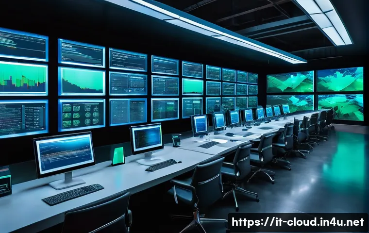 클라우드 환경에서의 로그 관리와 모니터링 - A futuristic cloud infrastructure control room with multiple large transparent digital screens displ...