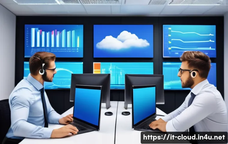 클라우드 환경에서의 장애 복구 사례 - A modern Italian office data center with multiple cloud backup systems visible on large screens, sho...