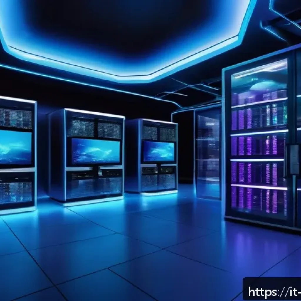 클라우드에서 데이터 암호화와 키 관리 - A futuristic cloud data center interior with glowing holographic screens displaying real-time cyber ...