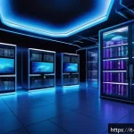 클라우드에서 데이터 암호화와 키 관리 - A futuristic cloud data center interior with glowing holographic screens displaying real-time cyber ...