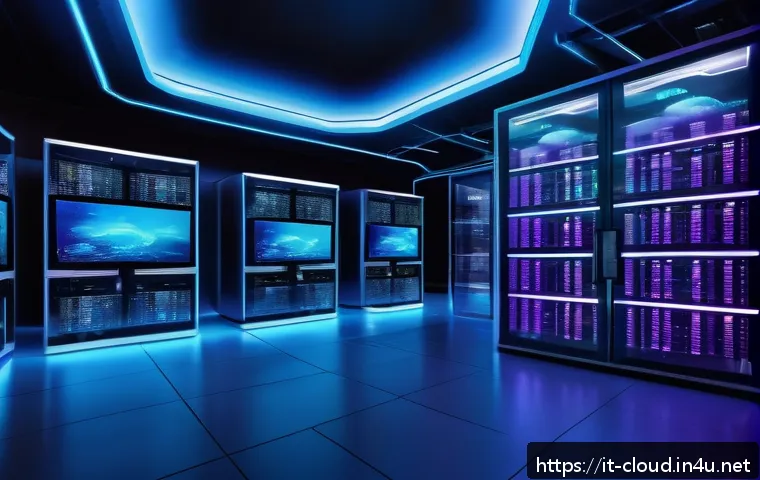클라우드에서 데이터 암호화와 키 관리 - A futuristic cloud data center interior with glowing holographic screens displaying real-time cyber ...