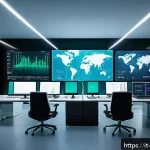 클라우드 환경에서의 애플리케이션 성능 최적화 - A futuristic cloud computing control room with large transparent screens showing real-time workload ...