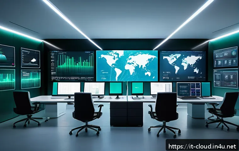 클라우드 환경에서의 애플리케이션 성능 최적화 - A futuristic cloud computing control room with large transparent screens showing real-time workload ...