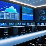 클라우드 컴퓨팅 아키텍처 설계 팁 - A futuristic cloud computing control room with large transparent holographic screens showing dynamic...