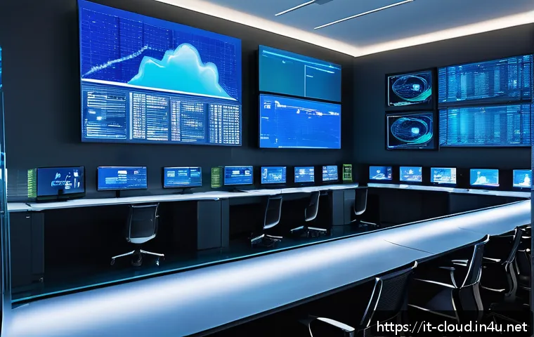 클라우드 컴퓨팅 아키텍처 설계 팁 - A futuristic cloud computing control room with large transparent holographic screens showing dynamic...