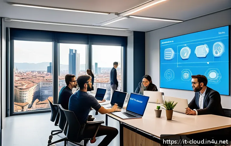 클라우드에서 컨테이너 활용 방법 Kubernetes - A modern Italian startup office environment showcasing a diverse team of young professionals collabo...