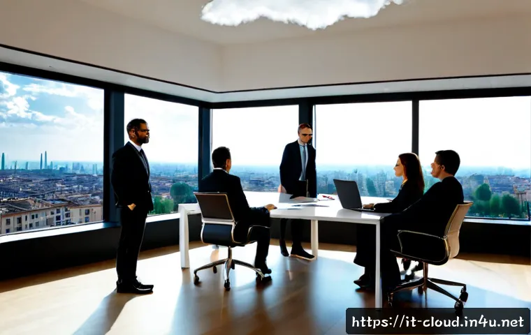 클라우드 마이그레이션 성공 사례 - Photorealistic modern Italian business office in Milan, diverse professional team gathered around a ...